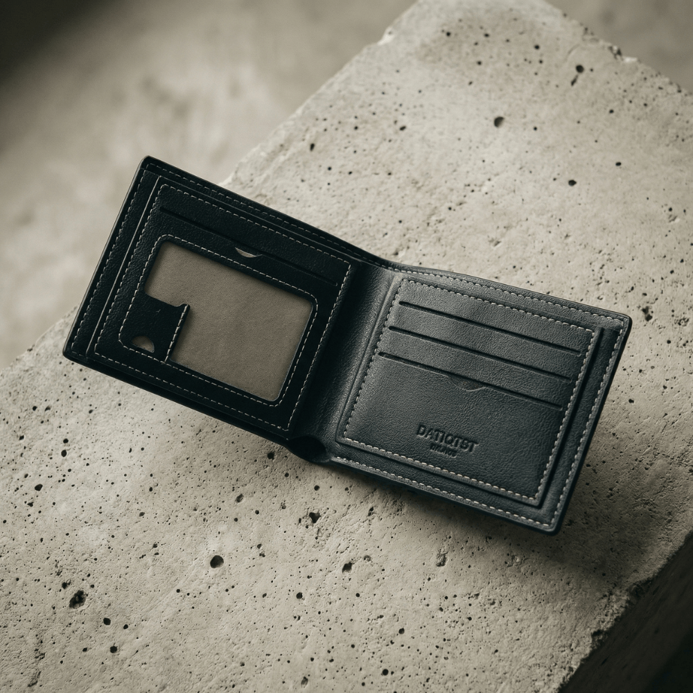 portefeuille homme cuir noir ouvert compartiments porte-cartes fenêtre id