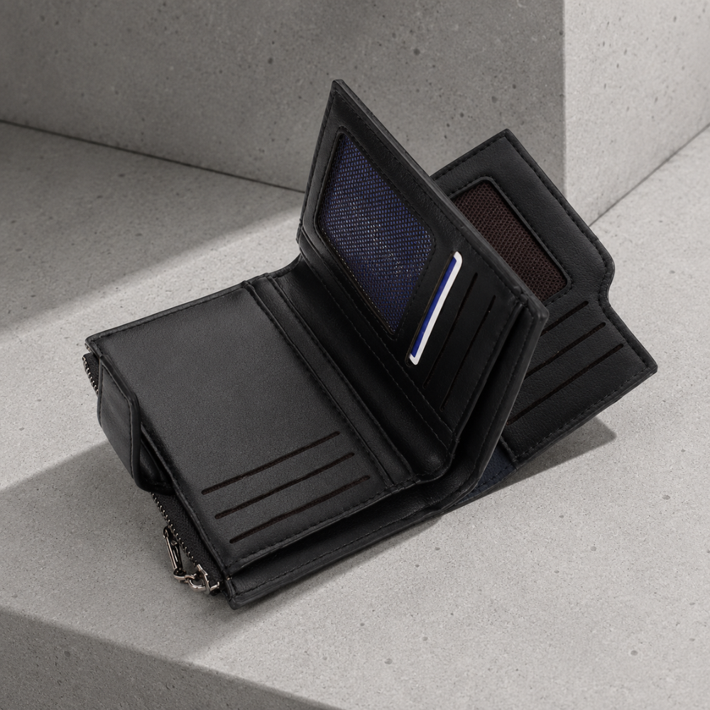 Portefeuille homme vertical logements cartes fenetre poche zippee