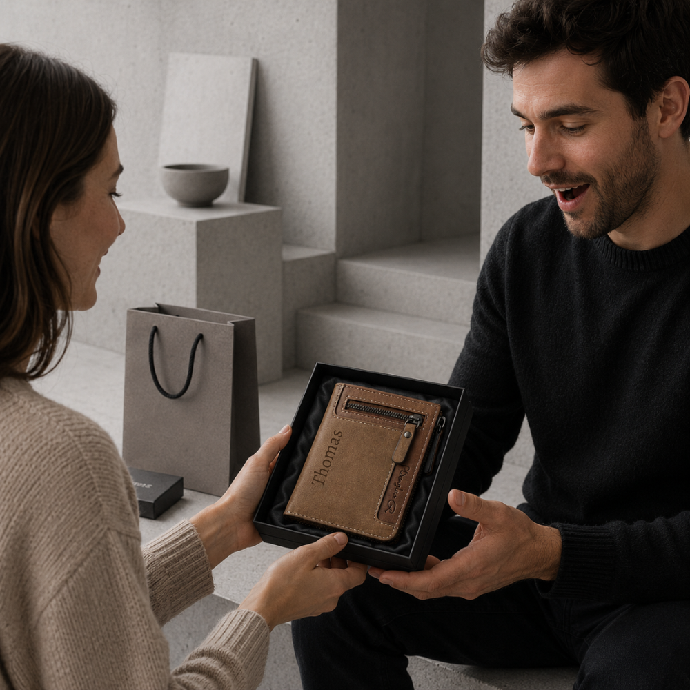 Portefeuille homme personnalisé camel, idée cadeau gravé