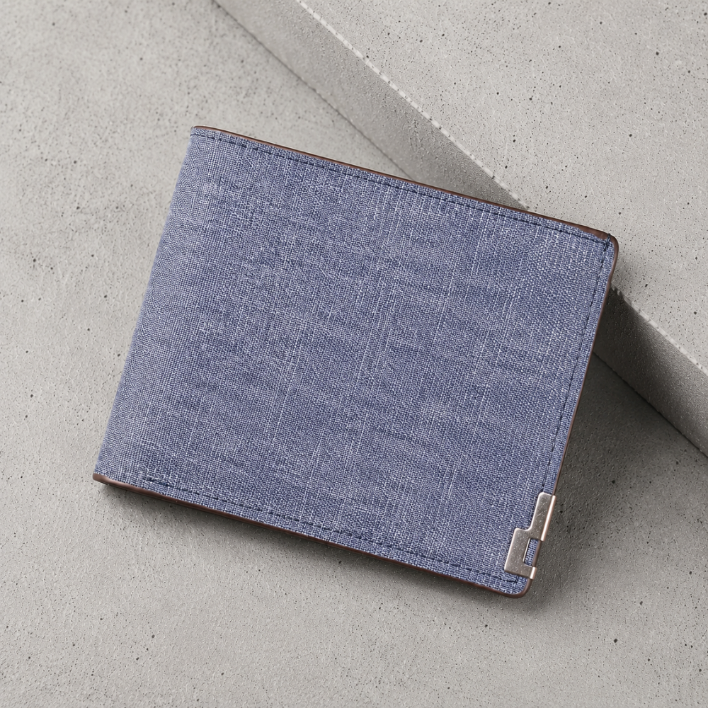 Portefeuille homme en toile bleu façon denim, format 2 volets