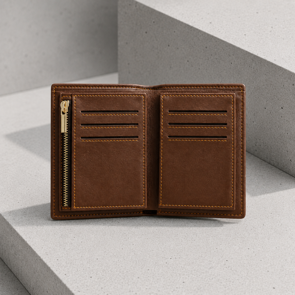 Portefeuille homme zippe marron, logements cartes des deux cotes