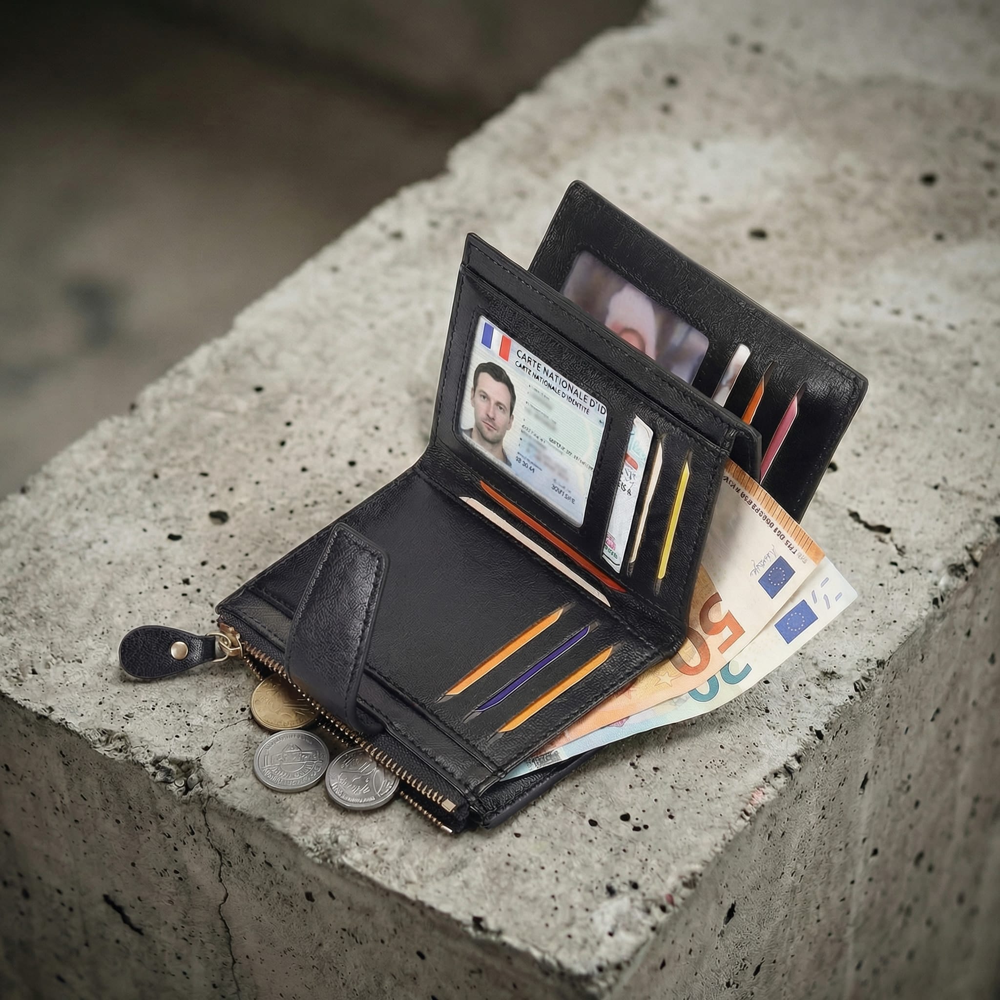 portefeuille homme zippé ouvert rfid porte-monnaie noir