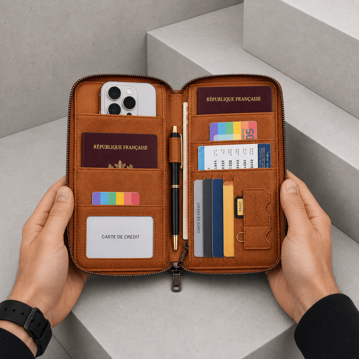 portefeuille de voyage homme camel iPhone passeport cartes intérieur