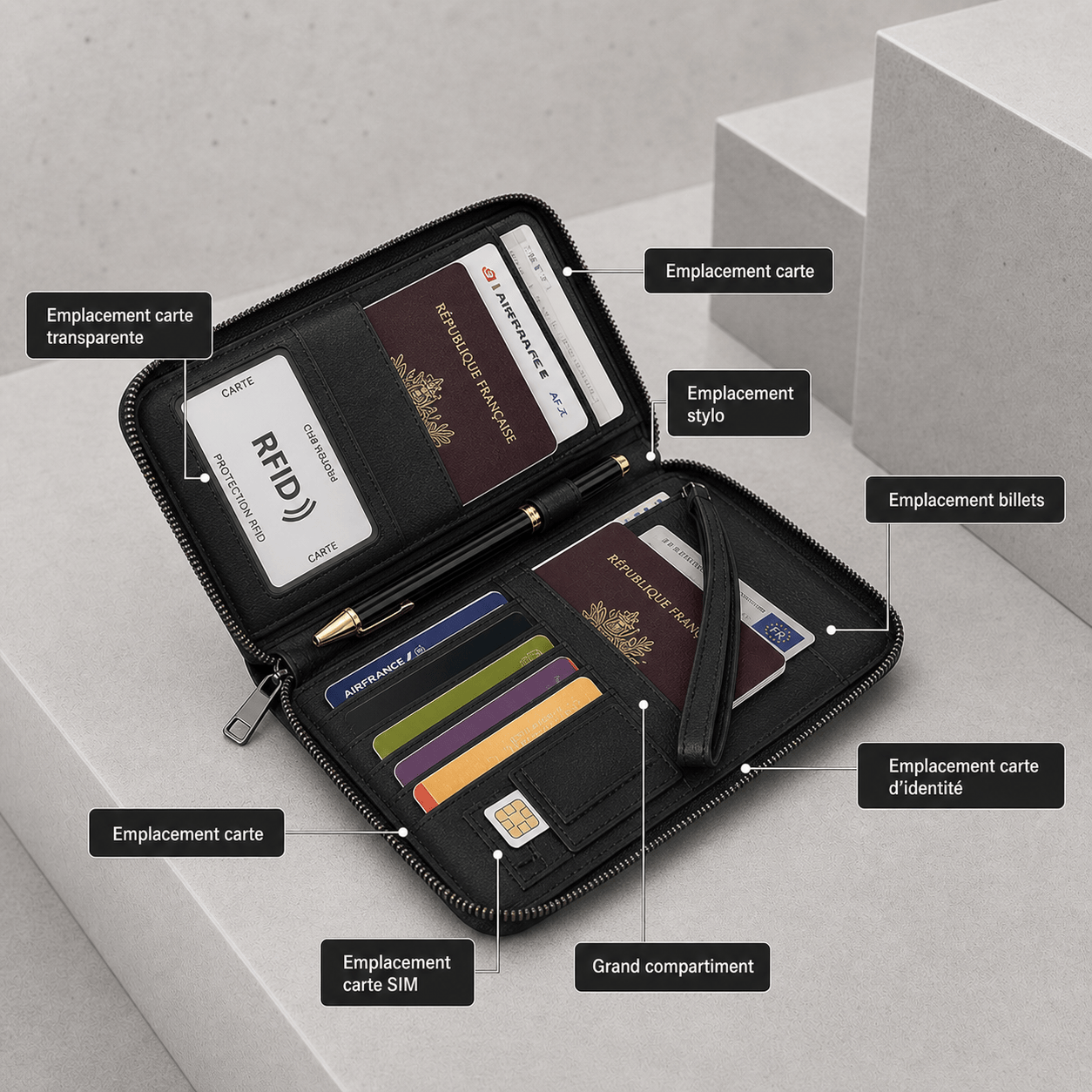 portefeuille long homme noir compartiments passeport stylo carte SIM RFID