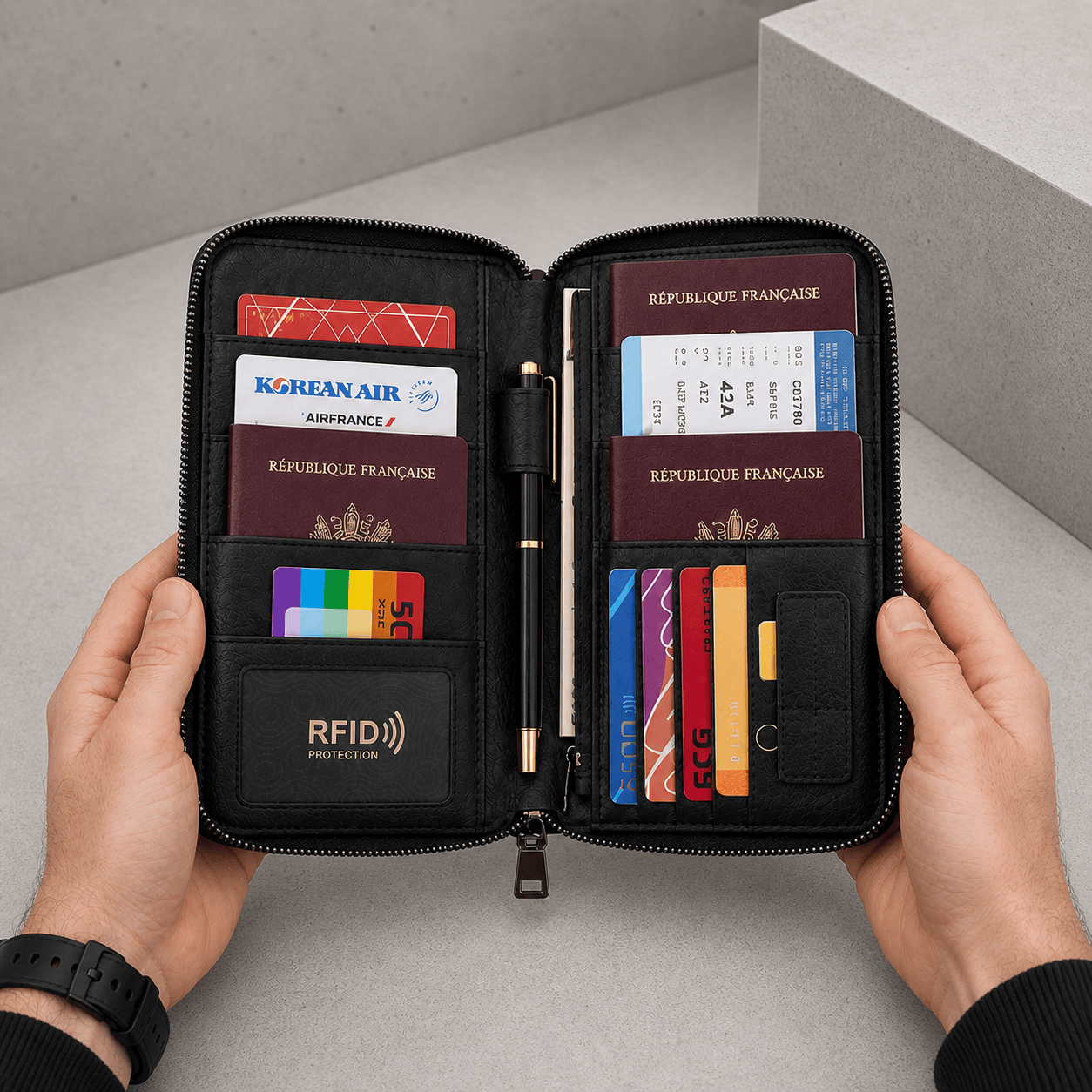 portefeuille long homme noir intérieur deux passeports cartes RFID