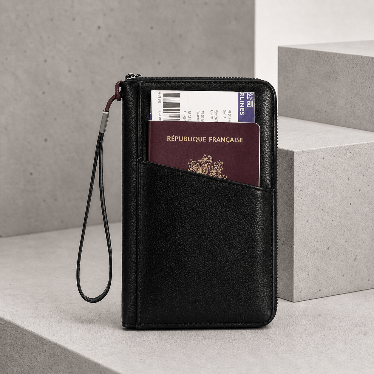 portefeuille long homme voyage noir poche extérieure passeport