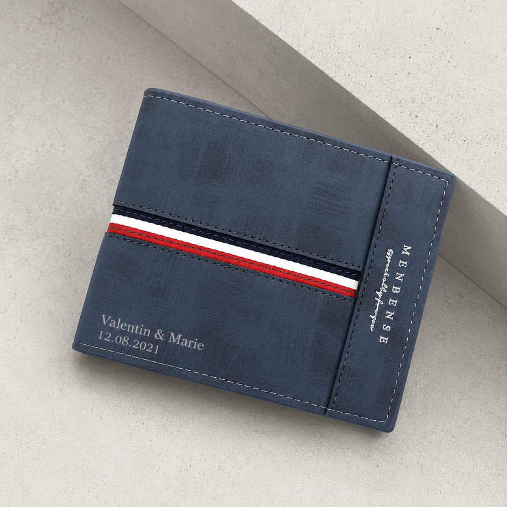 Portefeuille personnalisable homme bleu marine, gravure prénoms et date