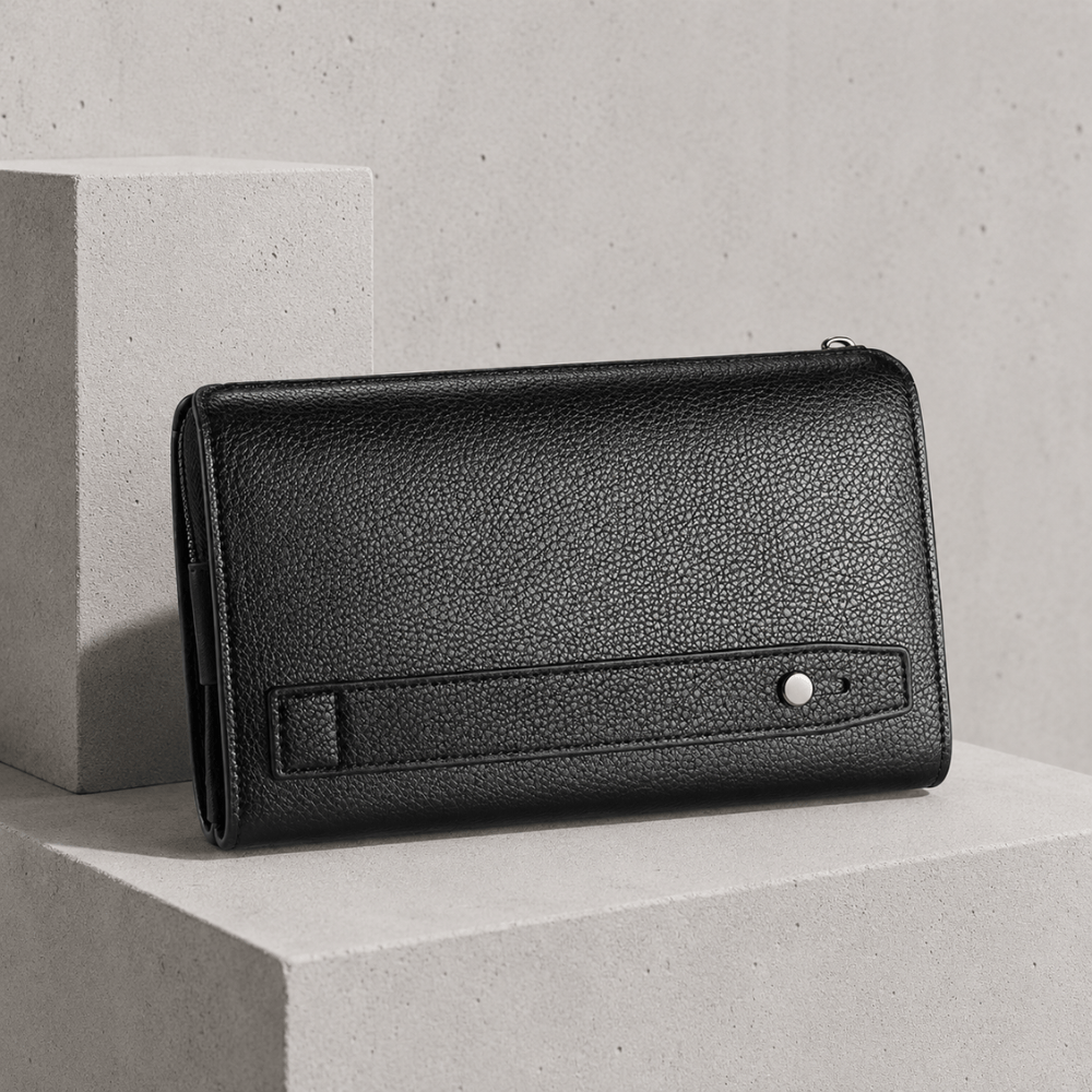 Dos du portefeuille homme noir avec dragonne et bouton-pression