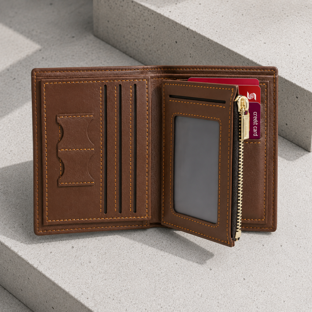 Interieur portefeuille personnalise, logements cartes et fenetre transparente