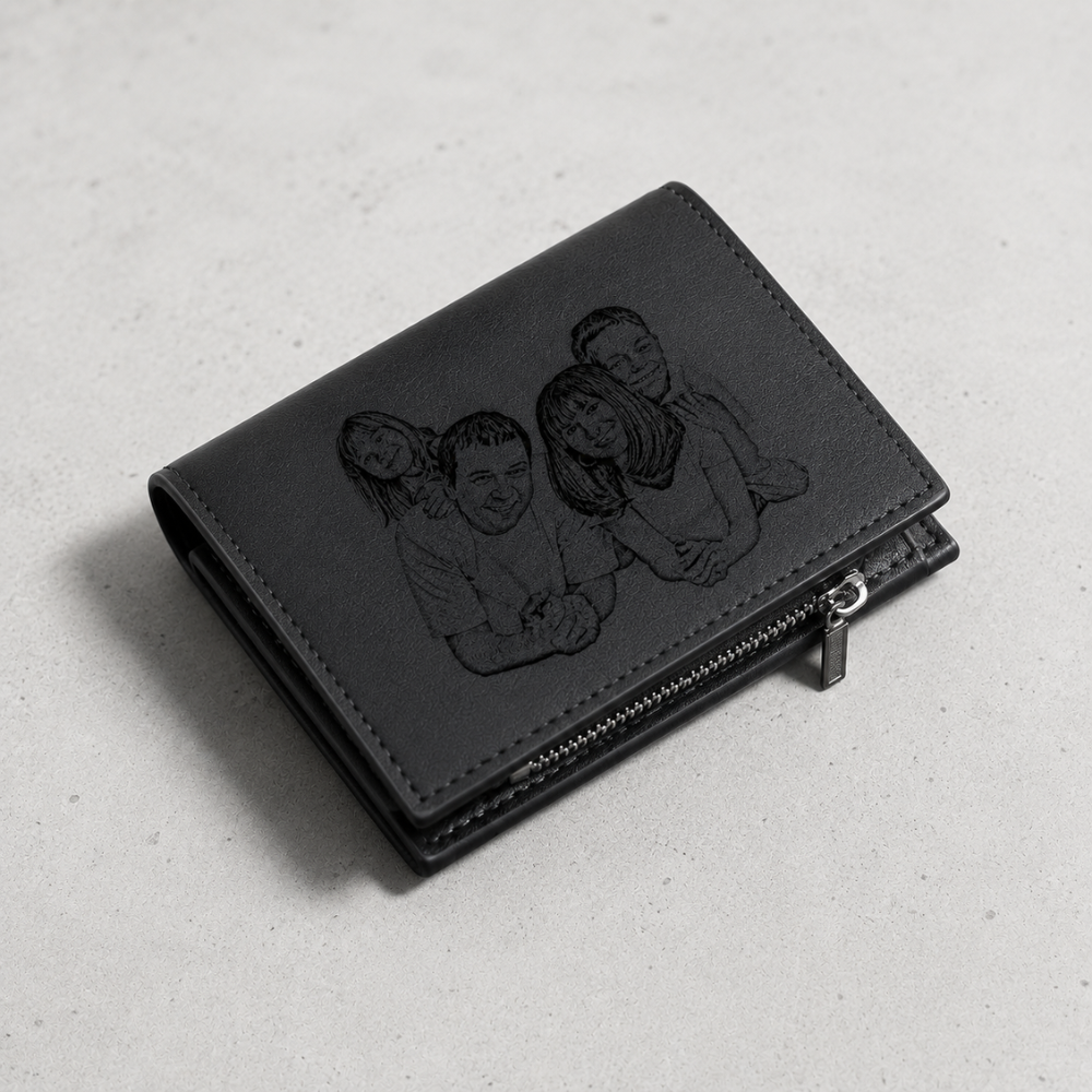 Portefeuille homme personnalisé photo gravée noir, format vertical zippé