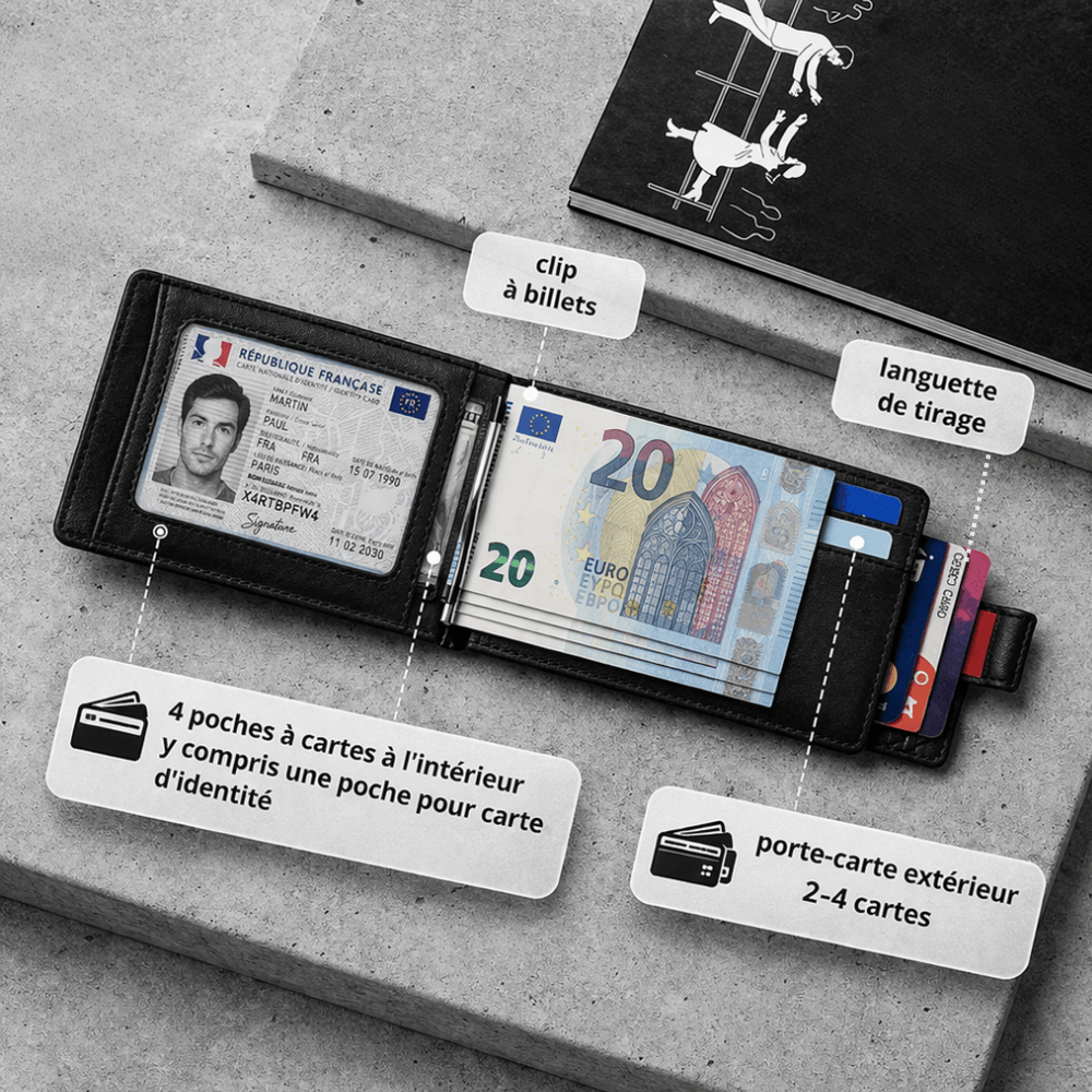 portefeuille slim personnalisé ouvert intérieur compartiments clip billets carte identité