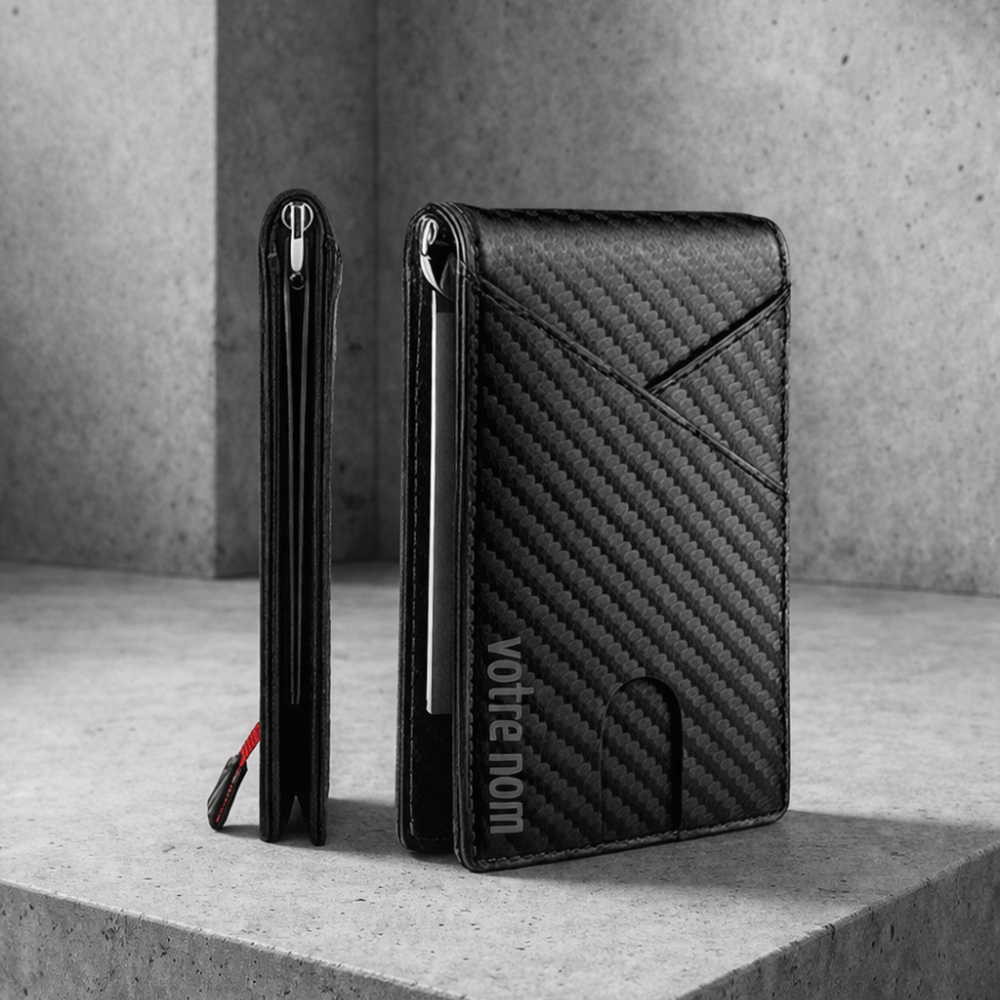 portefeuille slim personnalisé noir zip latéral carbone béton