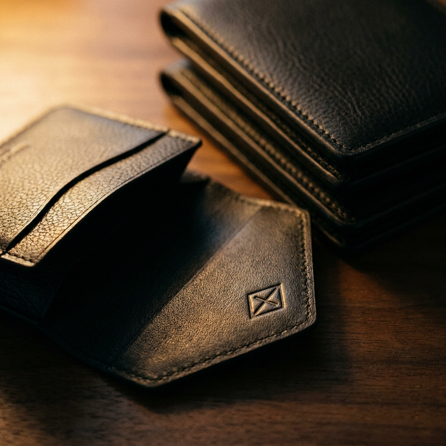 Porte-cartes en cuir noir avec logo marque discretement en angle interieur