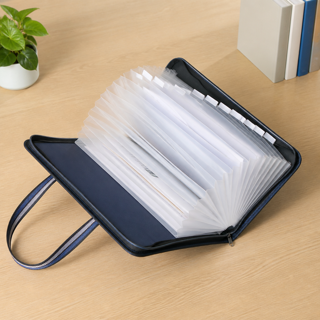 Sac porte-document ouvert à plat sur un bureau, intérieur accordéon à 13 compartiments