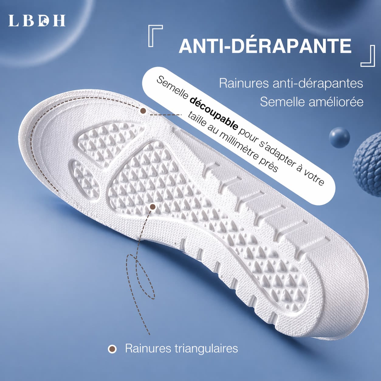 Semelles rehaussantes homme anti-dérapantes découpables à la taille avec rainures triangulaires