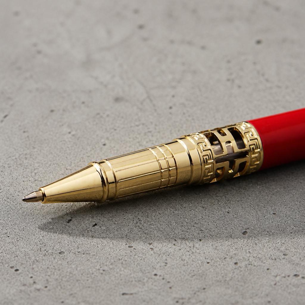 Stylo roller rouge décapuchonné montrant la pointe et le cône doré