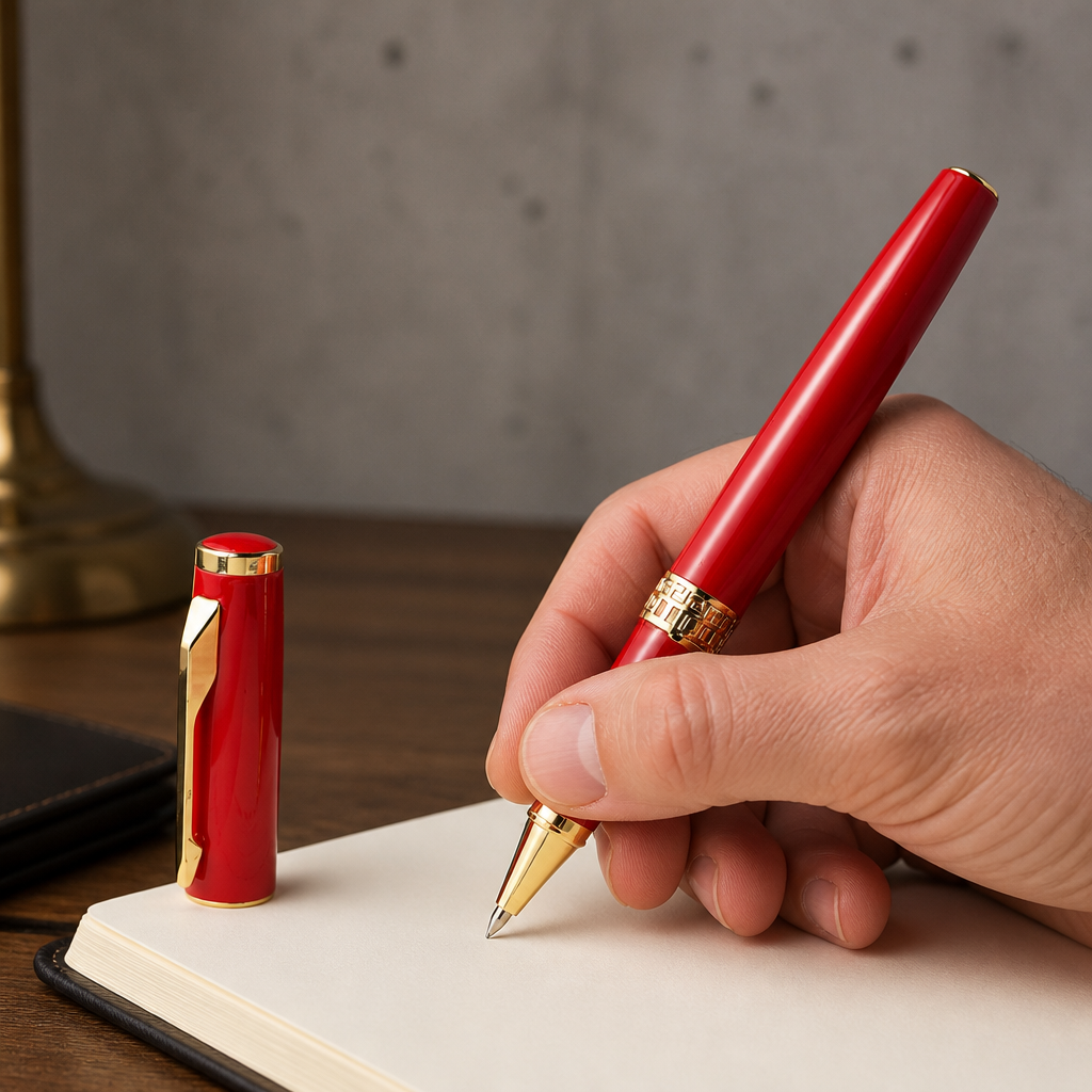 Homme écrivant sur un carnet avec le stylo roller rouge à bague ajourée