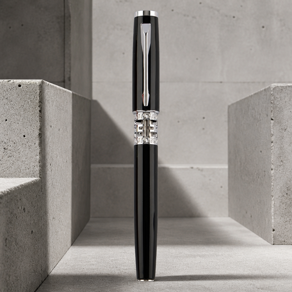 Stylo roller homme en métal laqué noir à bague ajourée chromée