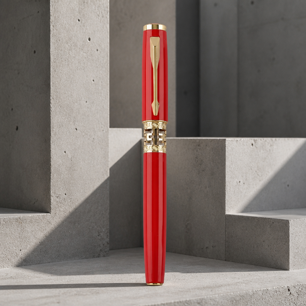 Stylo roller homme en métal laqué rouge à bague ajourée dorée, posé sur du béton