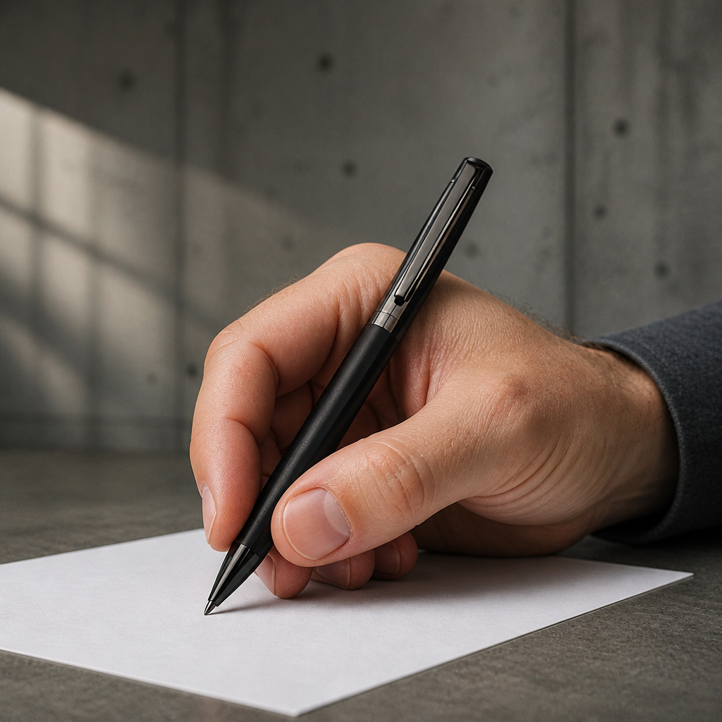 Homme utilisant le stylo bille noir en bois et métal pour signer un document