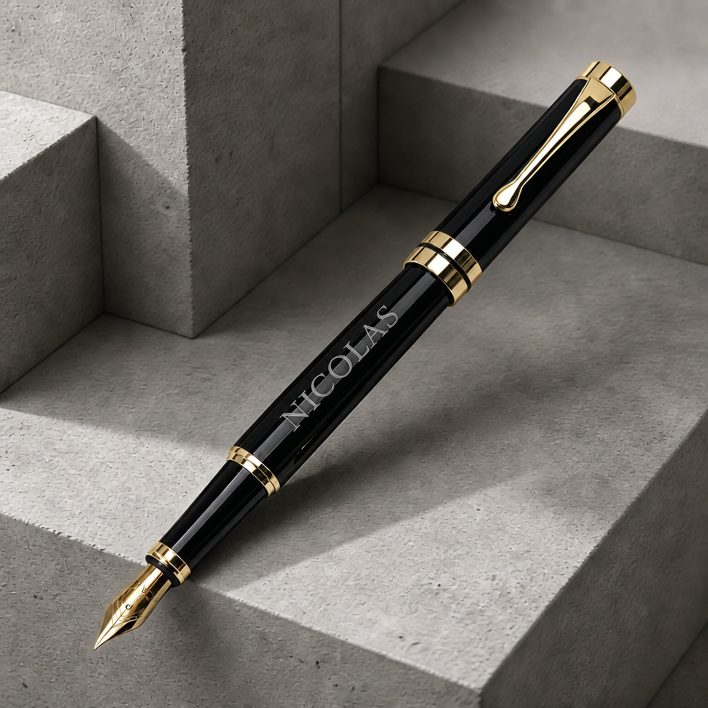 Exemple de gravure : un prénom gravé sur le corps du stylo plume noir à plume dorée