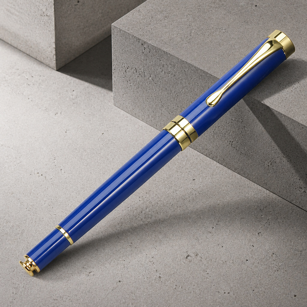Stylo plume homme en métal laqué bleu à attaches dorées