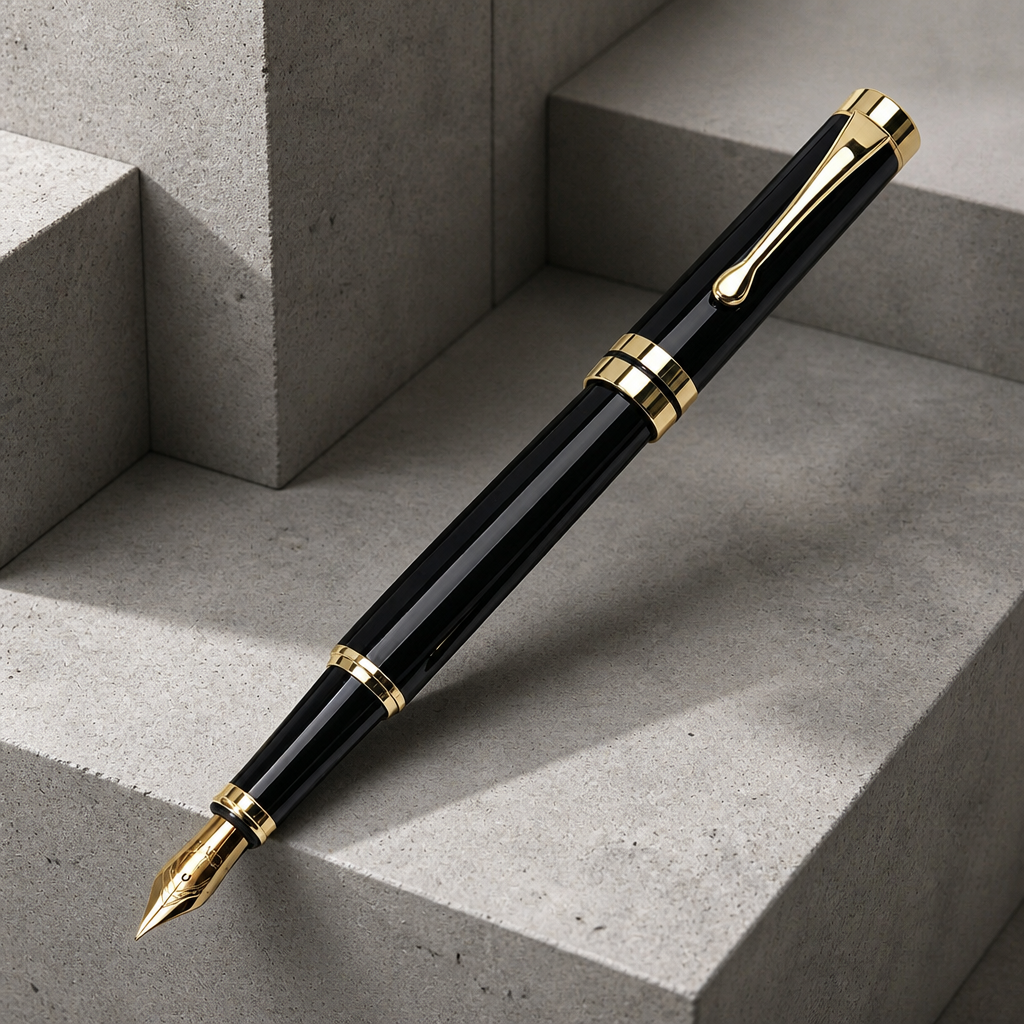 Stylo plume homme en métal laqué noir à plume et clip dorés