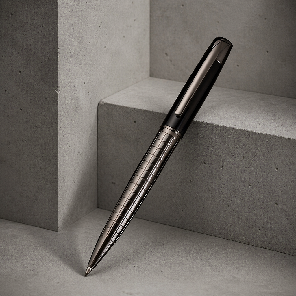 Stylo chic homme à bille en métal guilloché noir, coiffe laquée et clip métal