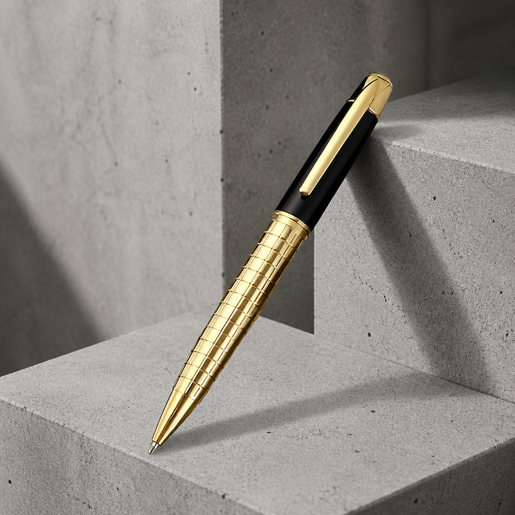 Stylo chic homme à bille, corps en métal guilloché doré et coiffe laquée noire