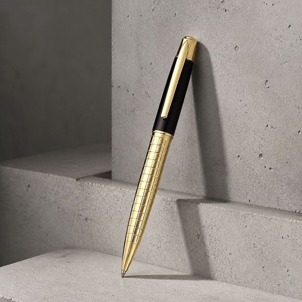 Stylo chic homme doré debout de trois quarts, corps en métal guilloché