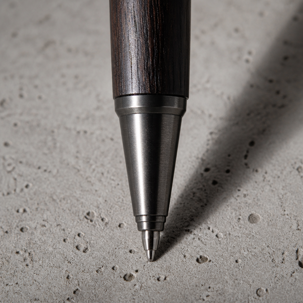 Gros plan de la pointe roller et du fût bois d'un stylo homme