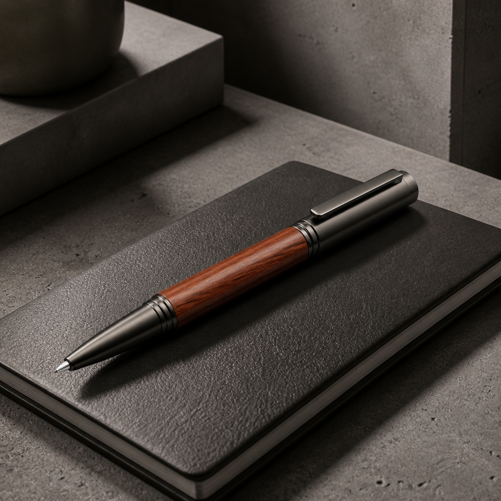 Stylo roller homme en bois marron posé sur un carnet en cuir