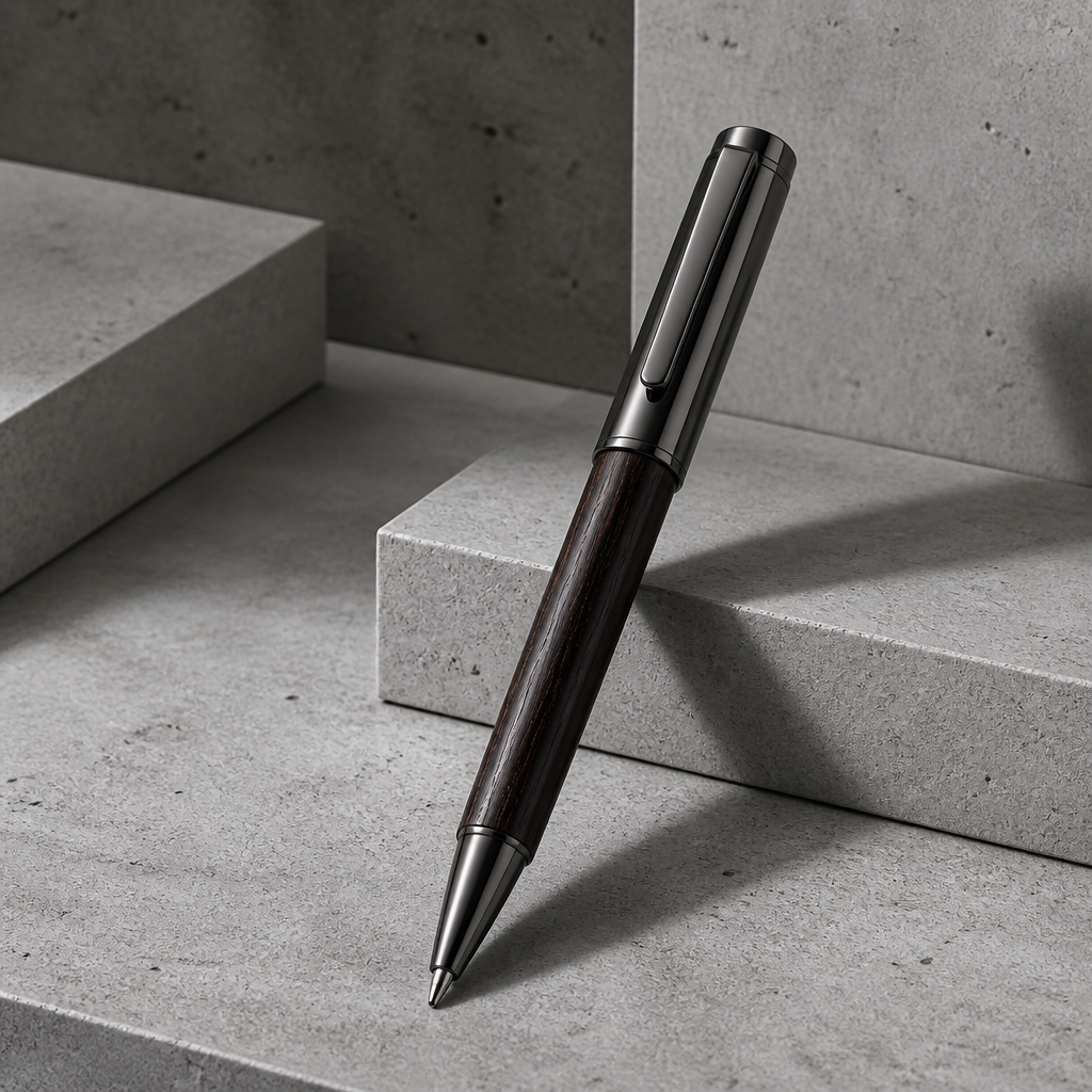 Stylo classe homme roller, fût en bois sombre et métal anthracite