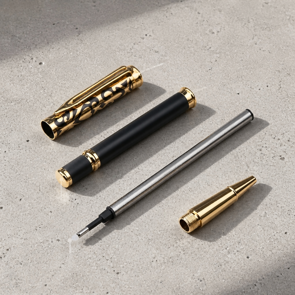 Le stylo démonté : capuchon gravé, corps, recharge roller et pointe dorée