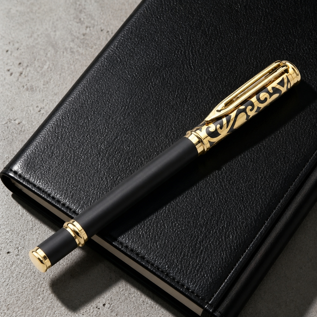 Stylo noir et or posé sur un carnet en cuir noir