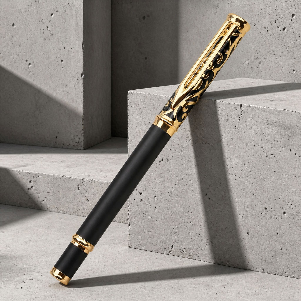 Stylo élégant homme roller noir et or à capuchon gravé, posé sur du béton