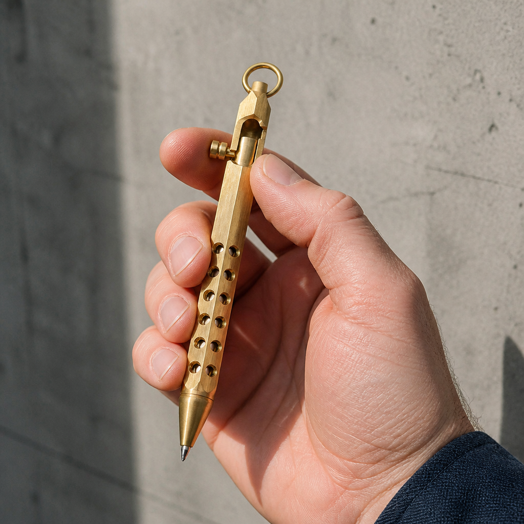 Main d'homme tenant le stylo en laiton à verrou bolt action, anneau en tête