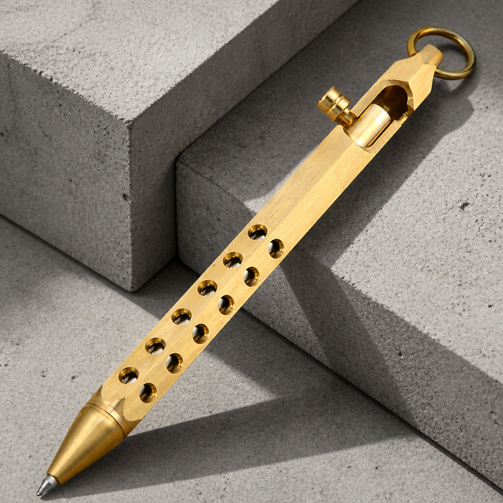 Stylo original homme en laiton brut, corps hexagonal ajouré et verrou bolt action