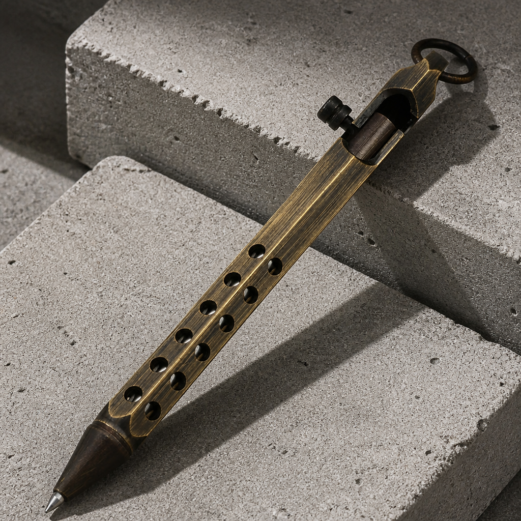 Stylo bolt action en laiton finition noir vieilli, corps hexagonal ajouré