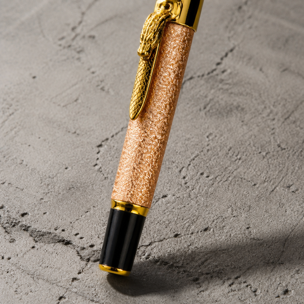 Gros plan sur la tête de dragon dorée du clip du stylo plume homme