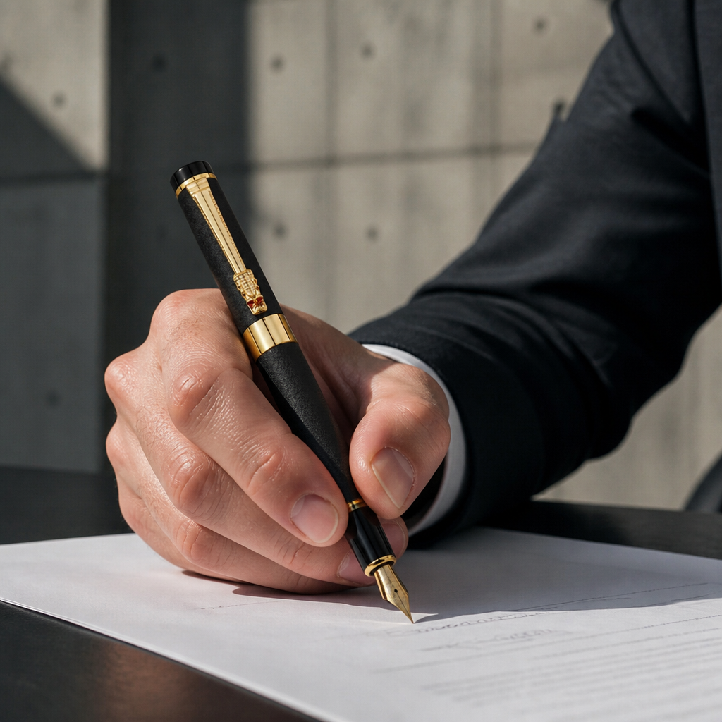 Homme signant un document avec le stylo plume à tête de dragon