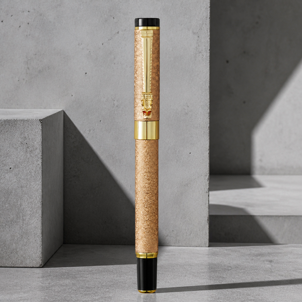 Stylo plume homme or champagne à tête de dragon dorée