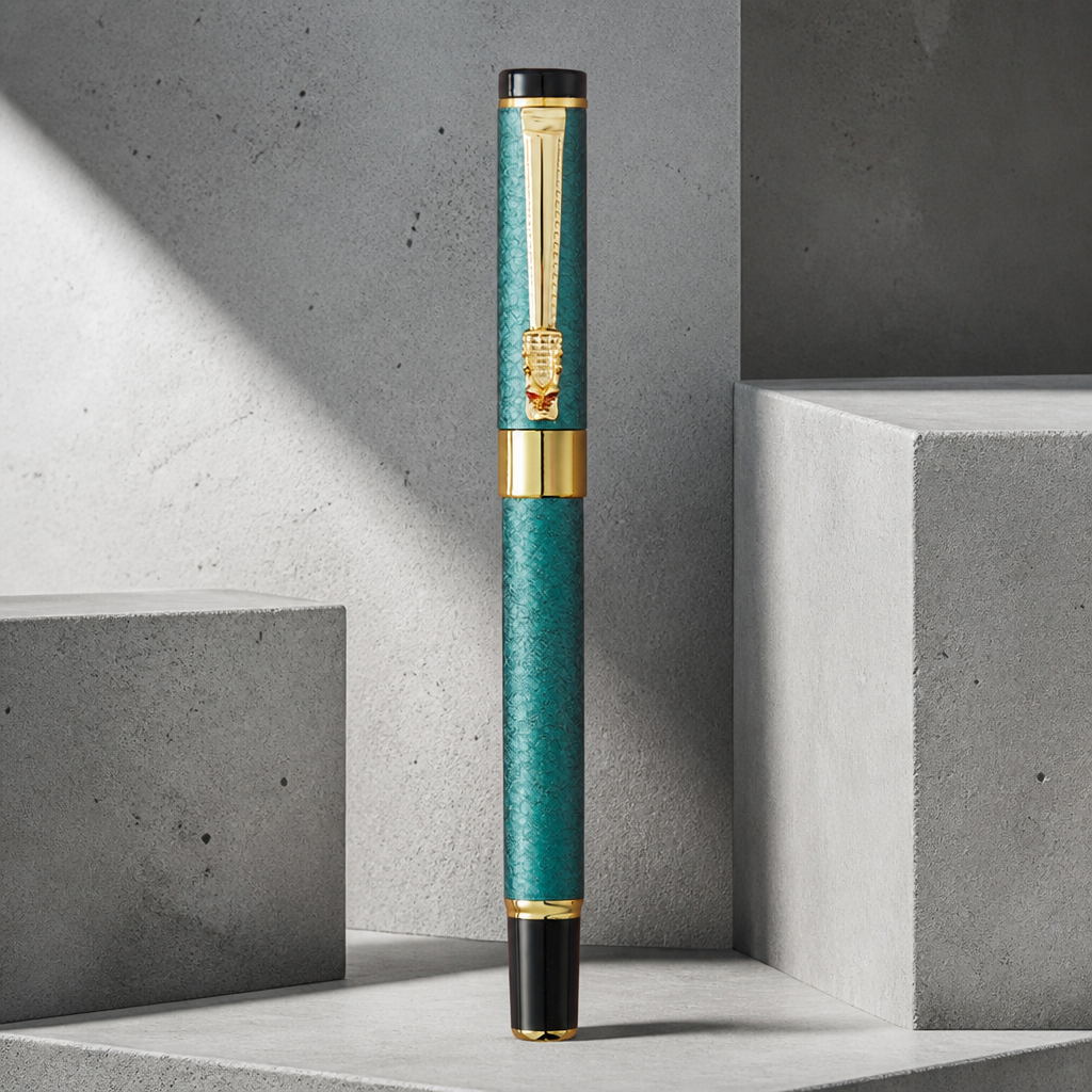 Stylo plume homme vert à tête de dragon dorée en acier inoxydable