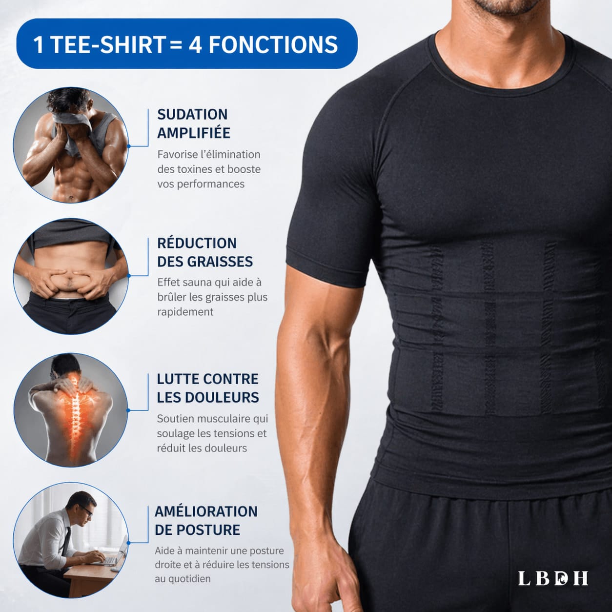 Tee-shirt de compression homme 4 fonctions sudation amincissante amélioration posture