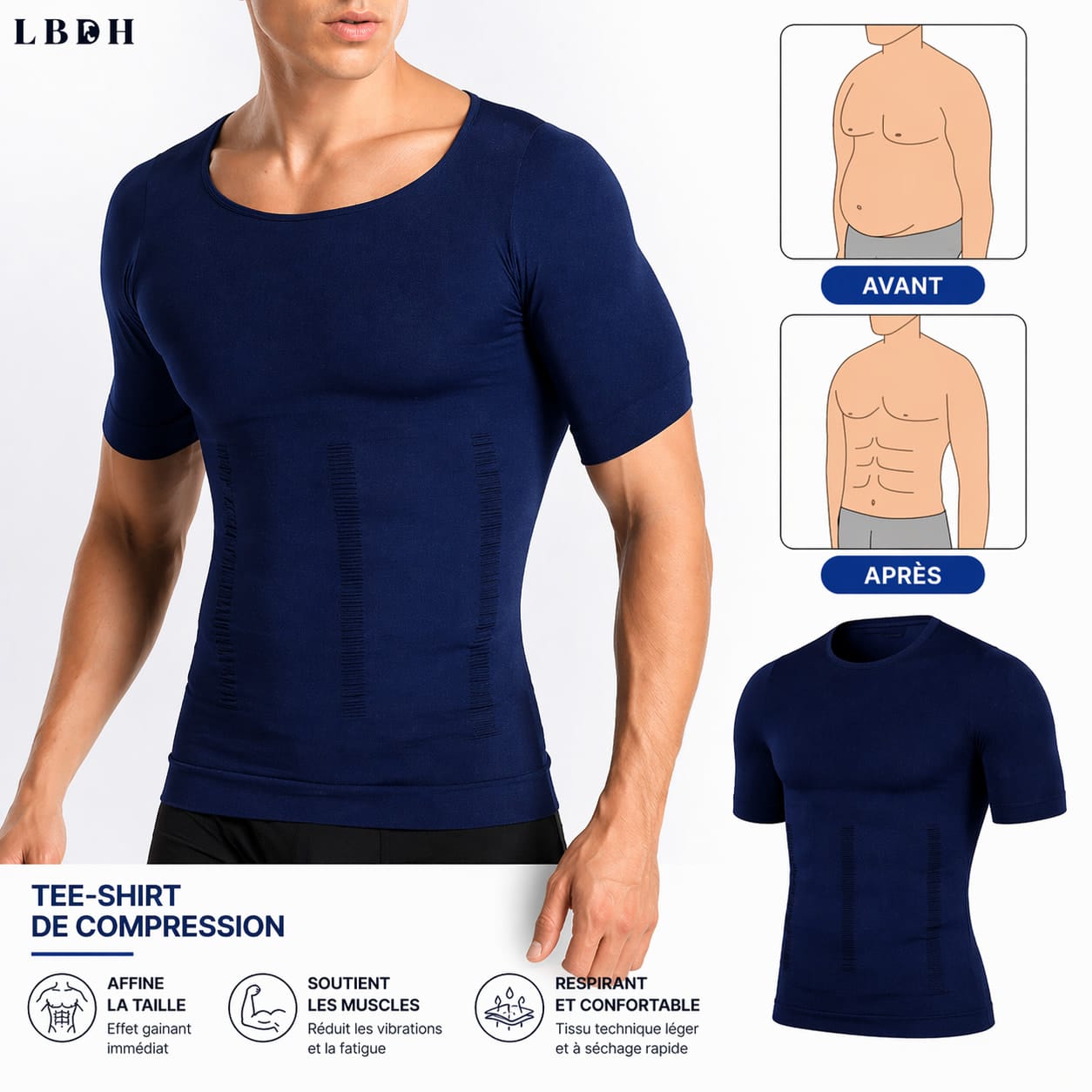 Tee-shirt de compression homme blanc zones de compression dos ventre et lombaires