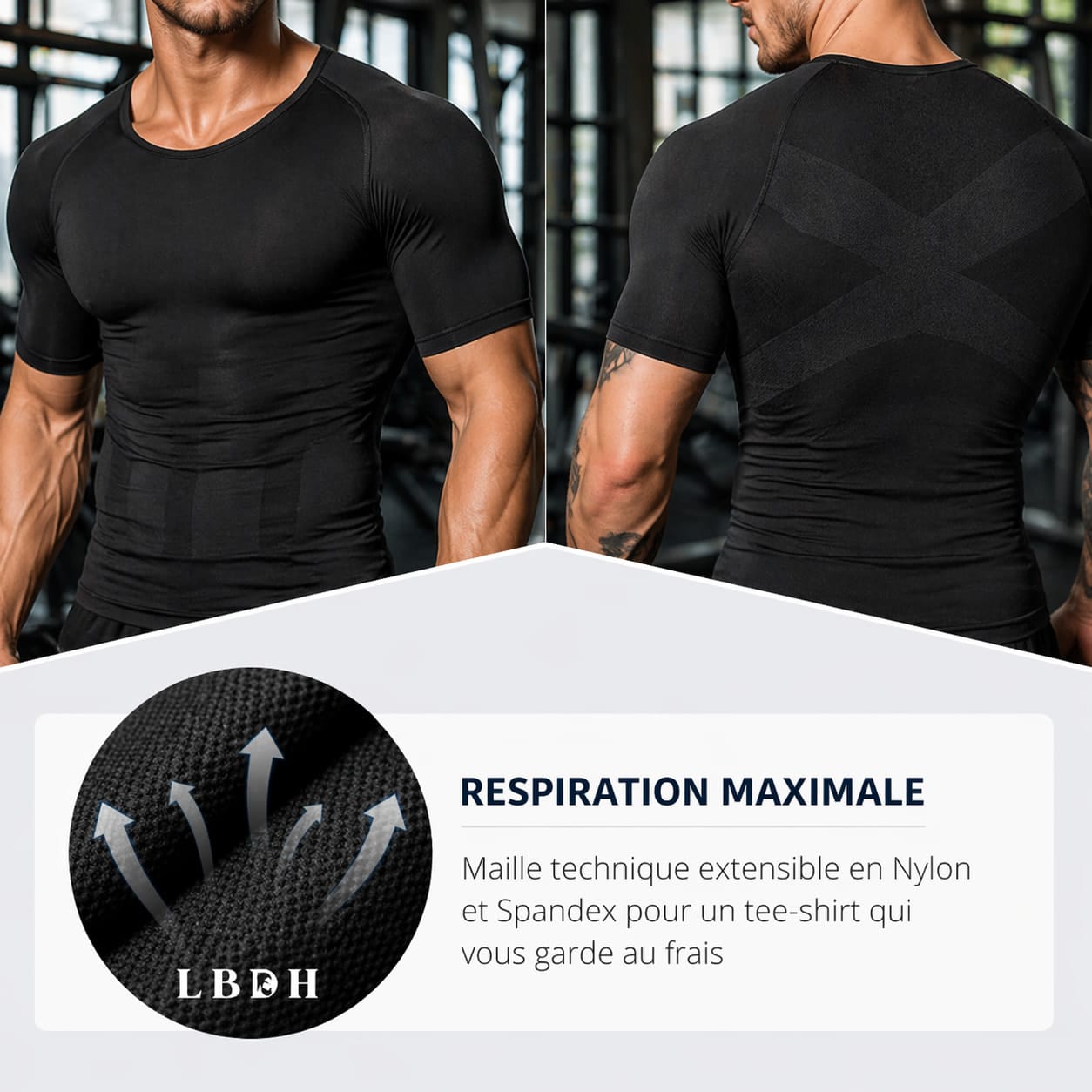 Tee-shirt de compression homme disponible en noir bleu marine et blanc effet gainant