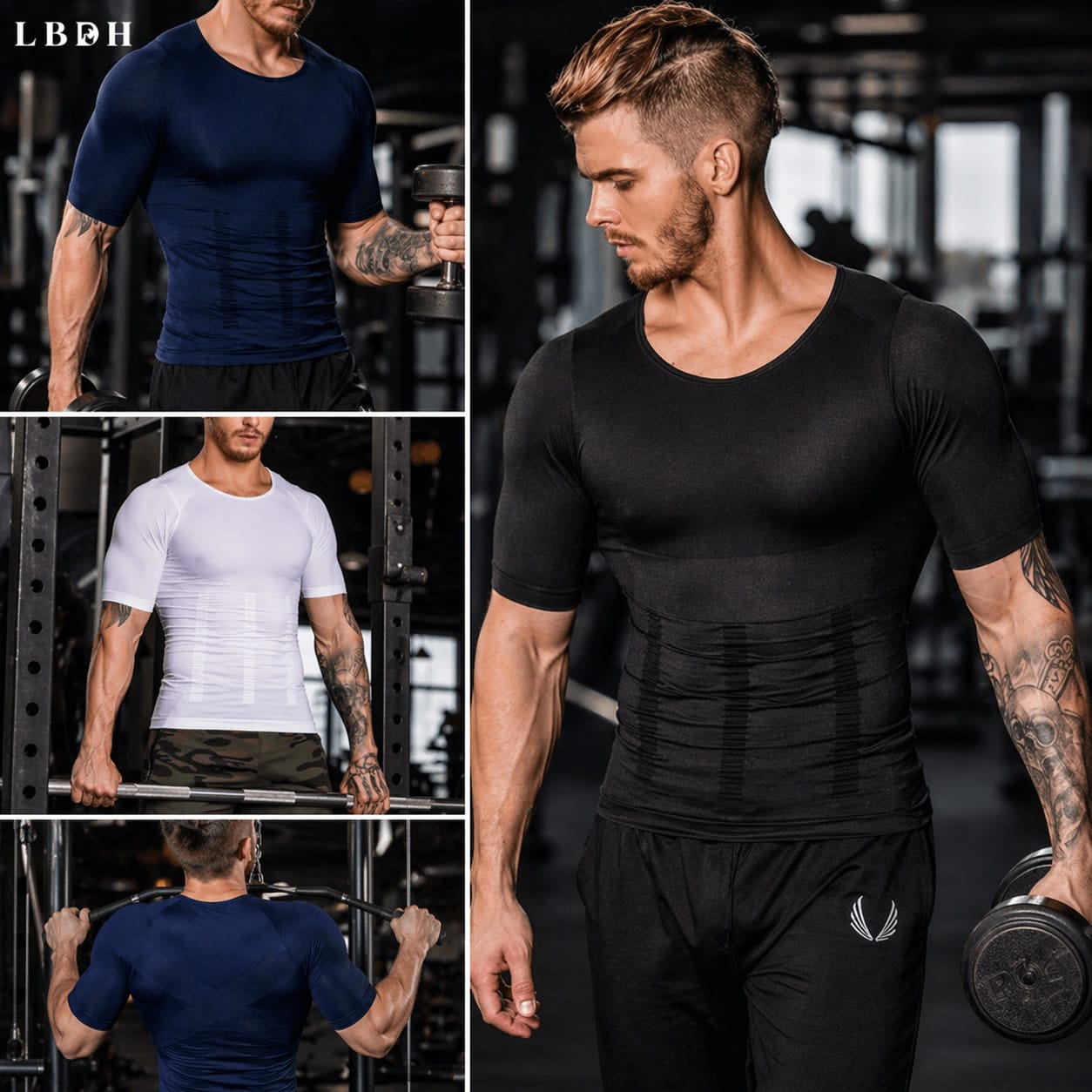 Tee-shirt de compression homme musculation salle de sport coloris noir bleu marine blanc