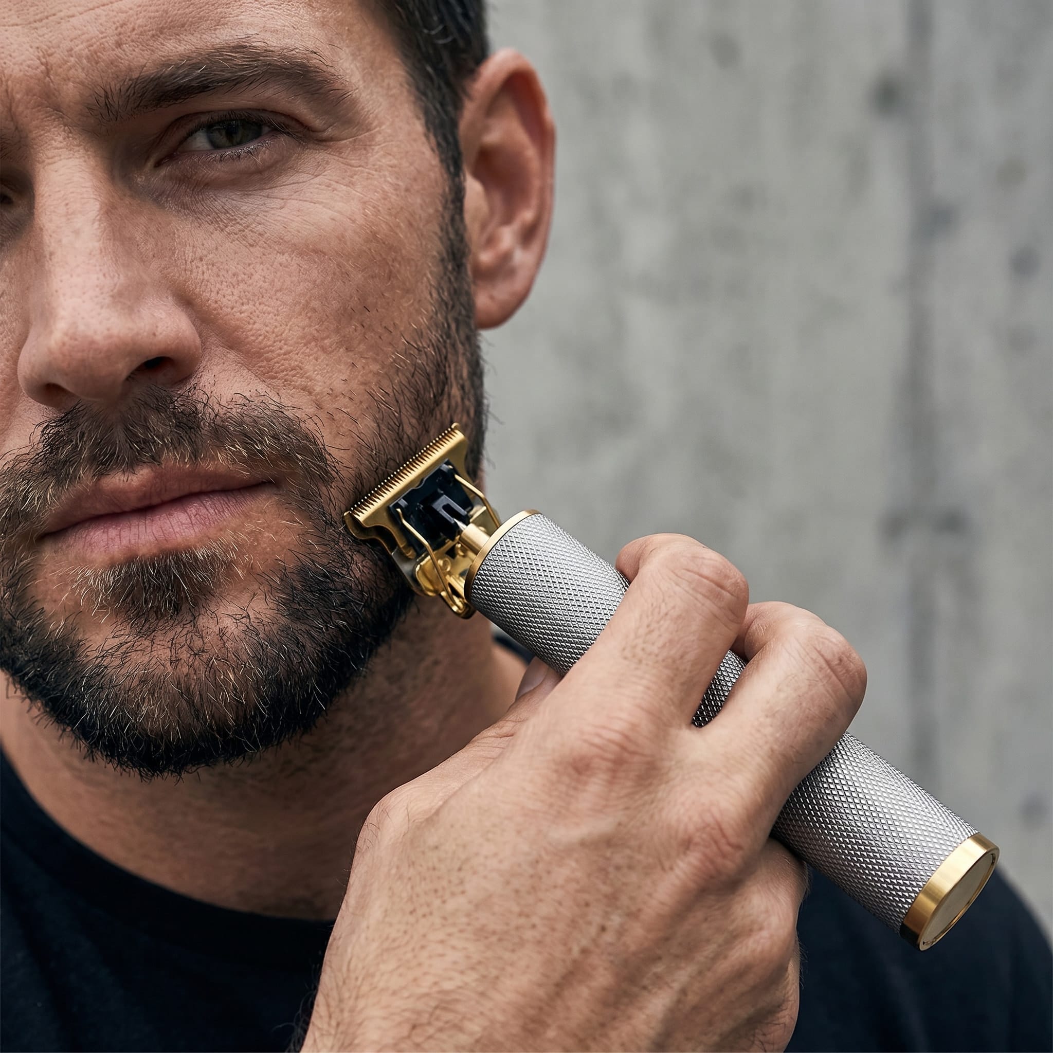 Homme taillant sa barbe avec une tondeuse professionnelle argent