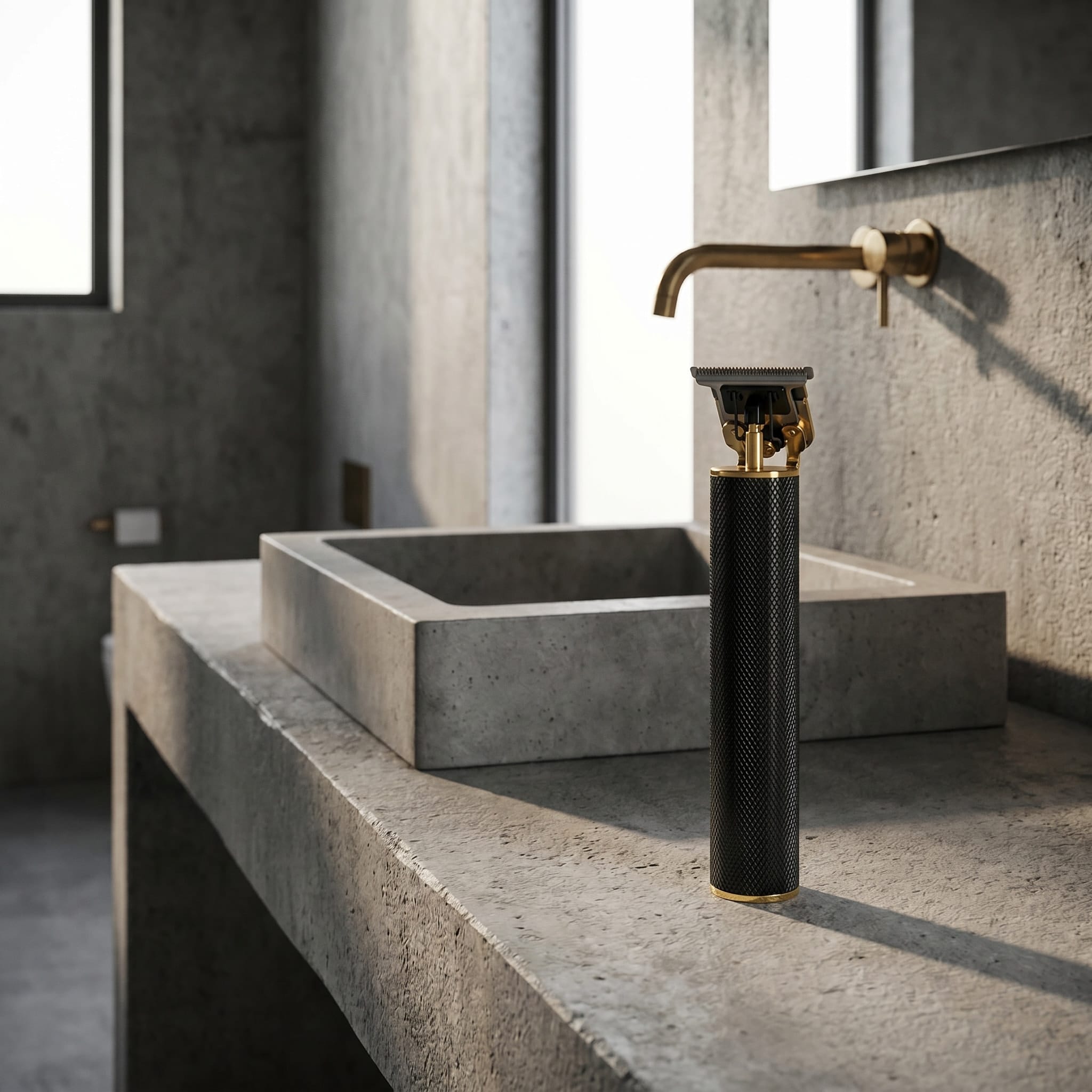 Tondeuse barbe homme noire posée sur plan de travail salle de bain