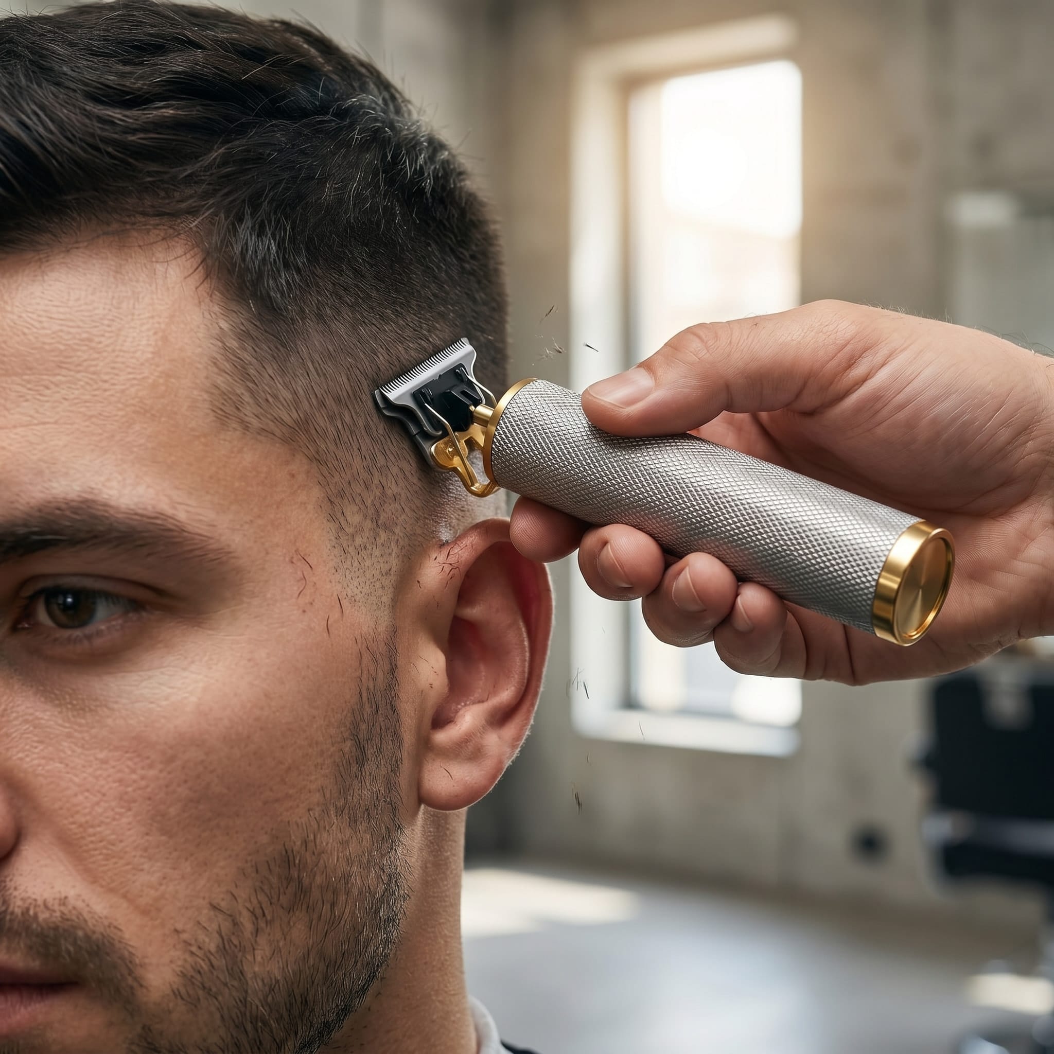 Tondeuse cheveux homme argent utilisée par un barbier pour tracer un dégradé